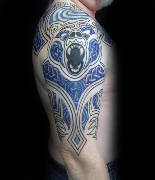 Black And Blue Ink Mens Tribal Celtic Bear Half Sleeve Tattoo