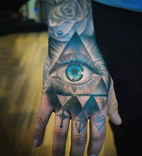 Black And Blue Shaded Eye Inside Traingle Tattoo Mens Hand
