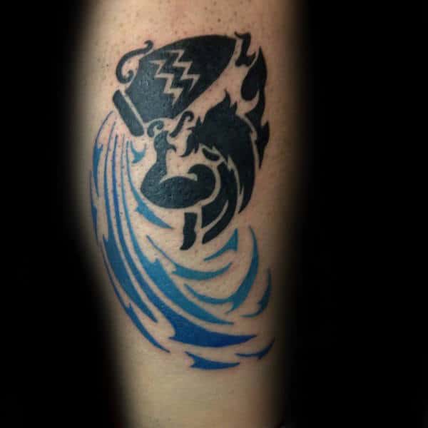 Black And Blue Water Aquarius Tribal Guys Leg Tattoos