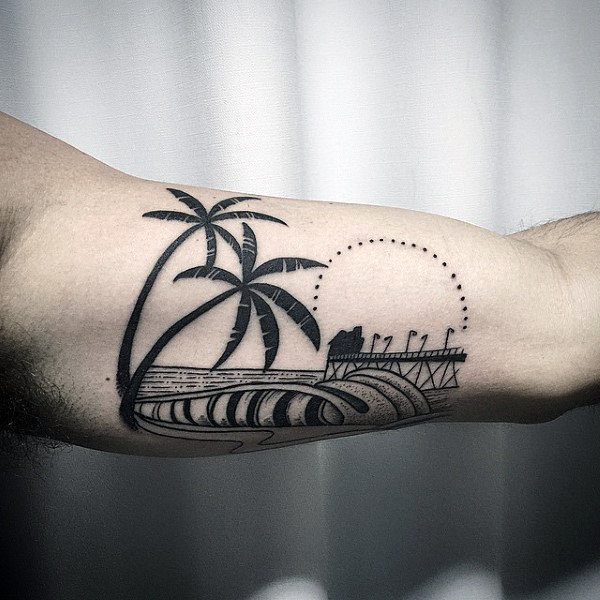 Black And Gey Surf Tattoo With Palm Trees Male Forearms
