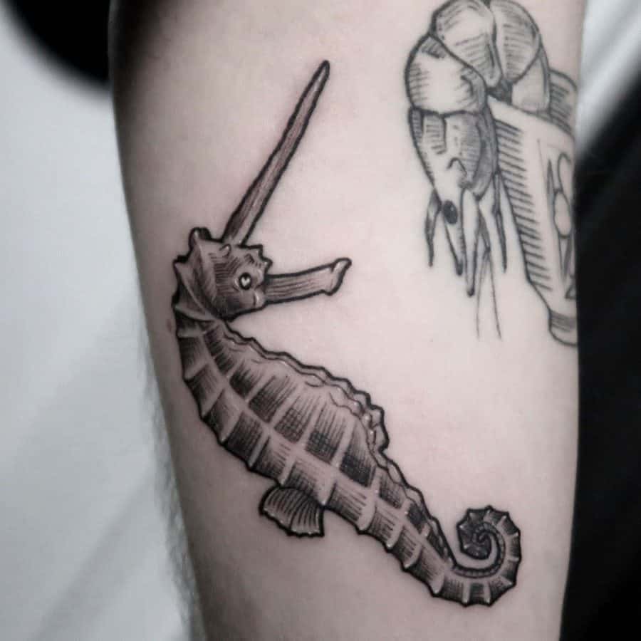 Black and grey tattoo of a seahorse with a unicorn horn, blending fantasy and marine life in a creative design on the forearm.