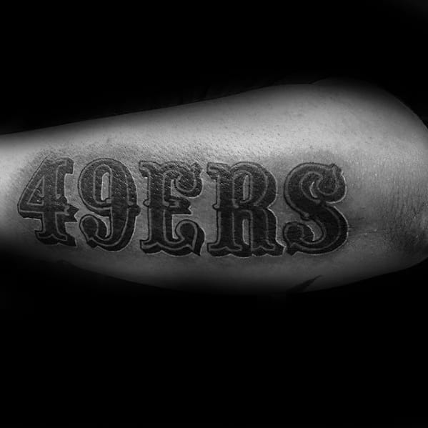 Black And Grey 49ers Word Outer Forearm Football Tattoos For Men