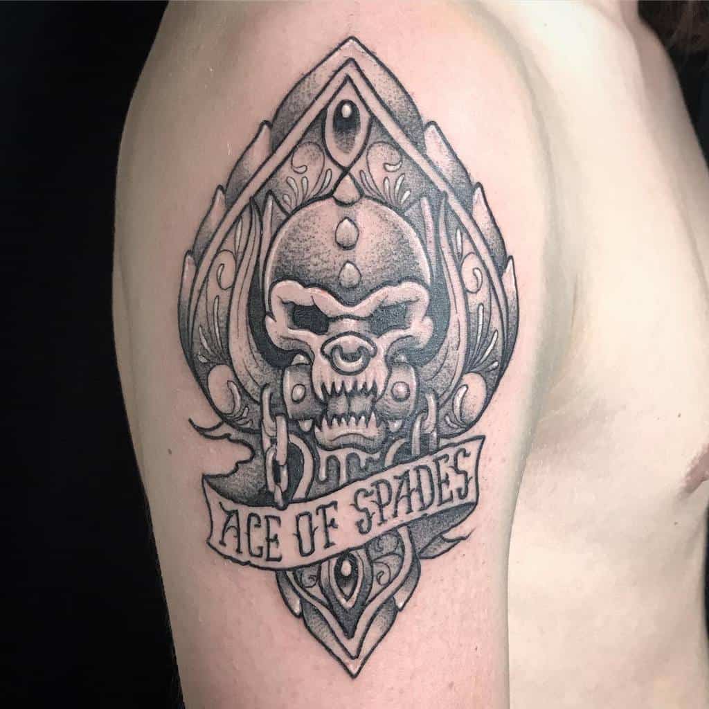 A black-and-white tattoo of a skull with chains, framed by ornate detailing in an Spade shape, and the words "Ace of Spades" on a banner below
