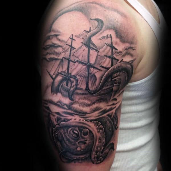Black And Grey Arm Kraken Male Tattoos