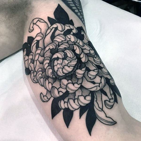 Black And Grey Chrysanthemum Flower Negative Space Mens Inner Arm Bicep Tattoo