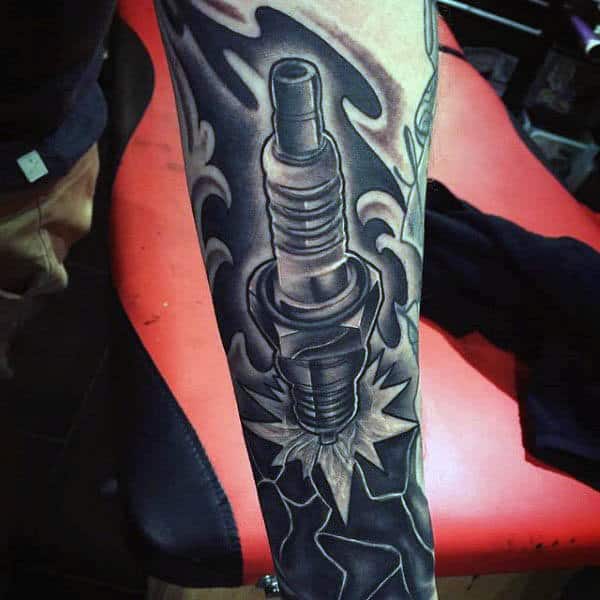 Black And Grey Dark Mens Spark Plug Forearm Tattoos