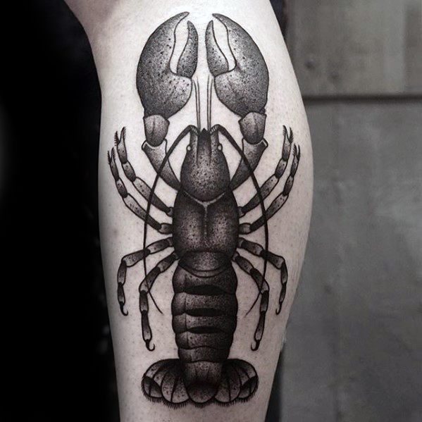 Black And Grey Dotwork Leg Calf Male Crawfish Tattoo Ideas