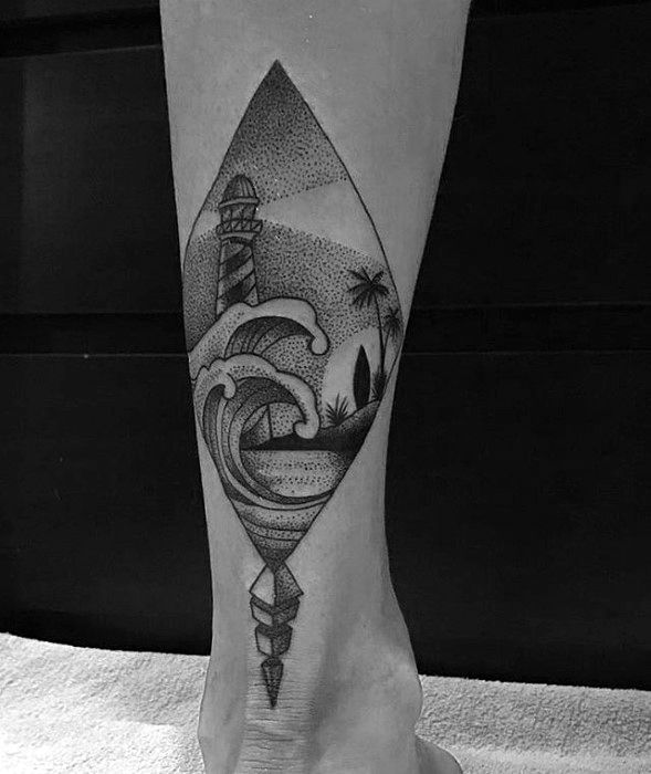 Black And Grey Dotwork Lighthouse With Beach Mens Small Leg Tattoo