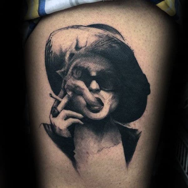 Black And Grey Fight Club Marla Singer Thigh Tattoos For Men