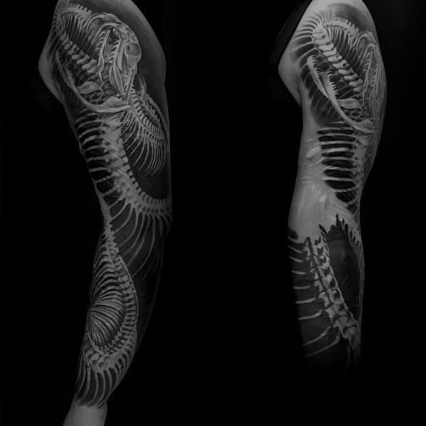 Black And Grey Full Arm Sleeve Snake Skeleton Themed Tattoo Ideas For Men