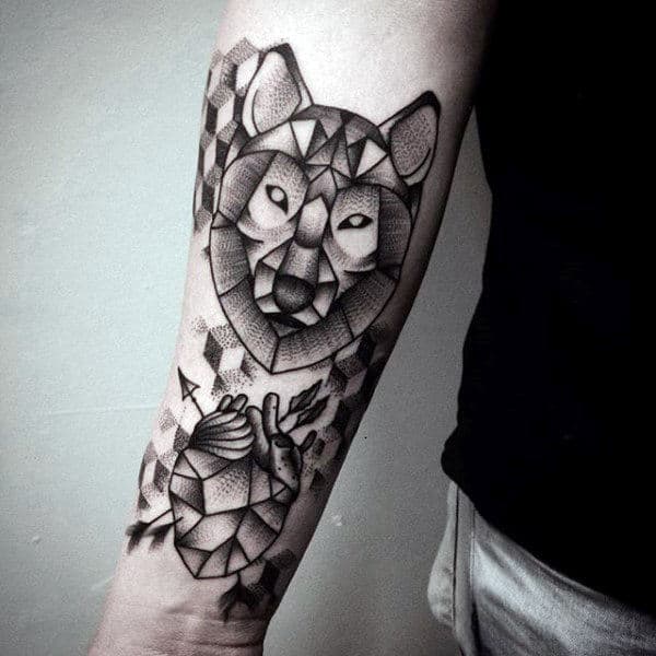 Black And Grey Geometric Wolf Shaded Mens Inner Forearm Tattoo Ideas