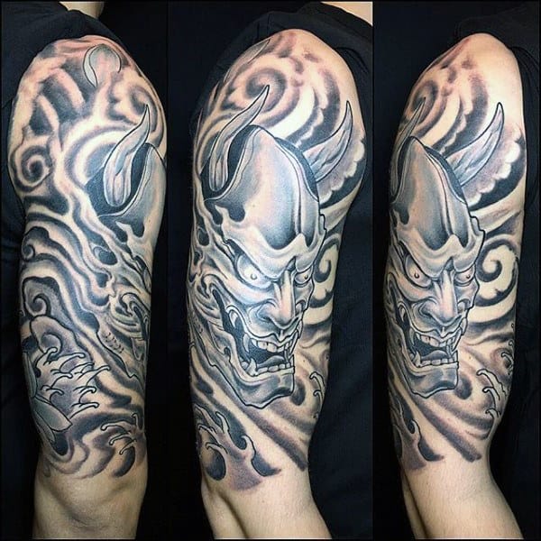 Black And Grey Guys Shaded Hannya Mask Half Sleeve Tattoos