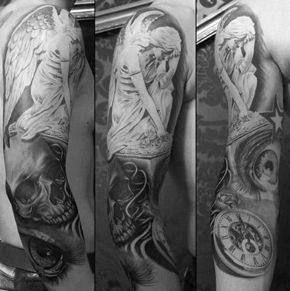 A black and grey full-sleeve tattoo featuring an angel with a sword, a skull, an eye, and a clock design, blending different symbolic elements.