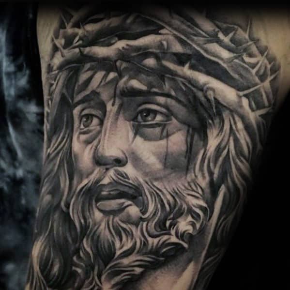 Black And Grey Heavily Shaded Jesus With Crown Of Thorns Male Arm Tattoos