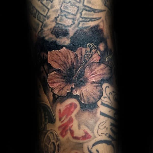 Black And Grey Hibiscus Shaded Mens Inner Arm Tattoos