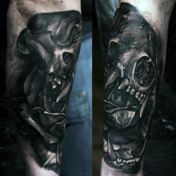 Black And Grey Honey Badger Skull Mens Outer Forearm Tattoos