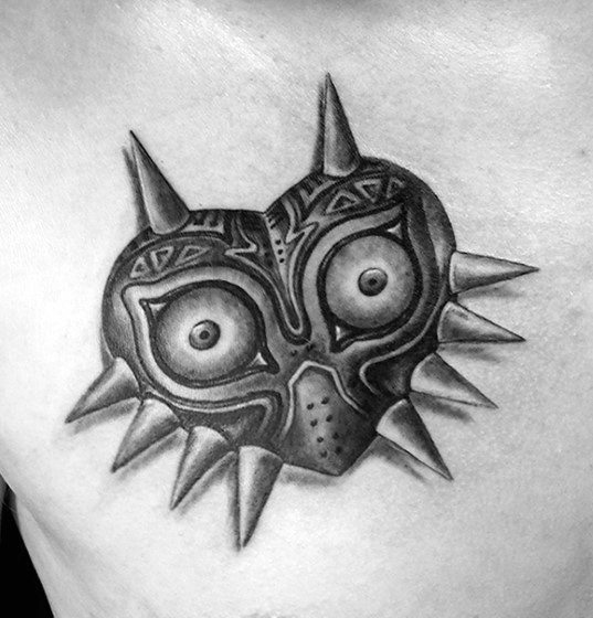 Black And Grey Ink Chest Majoras Mask Male Tattoo Designs
