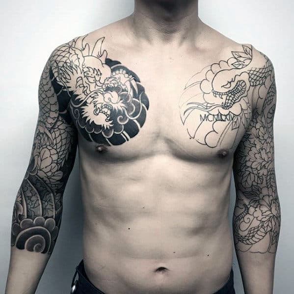 Black And Grey Ink Dragon And Snake Half Sleeve Japanese Tattoos For Gentlemen