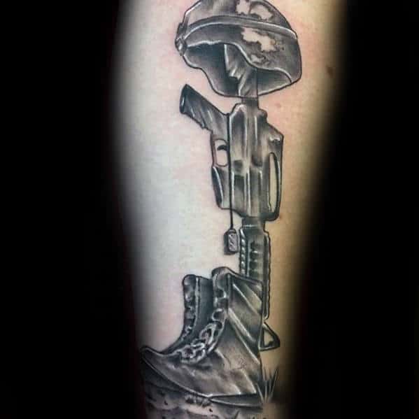 Black And Grey Ink Fallen Soldier Cross Tattoos For Guys On Leg