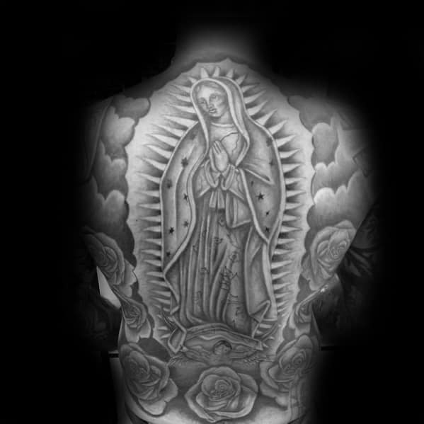 Black And Grey Ink Full Back Awesome Guadalupe Tattoos For Men