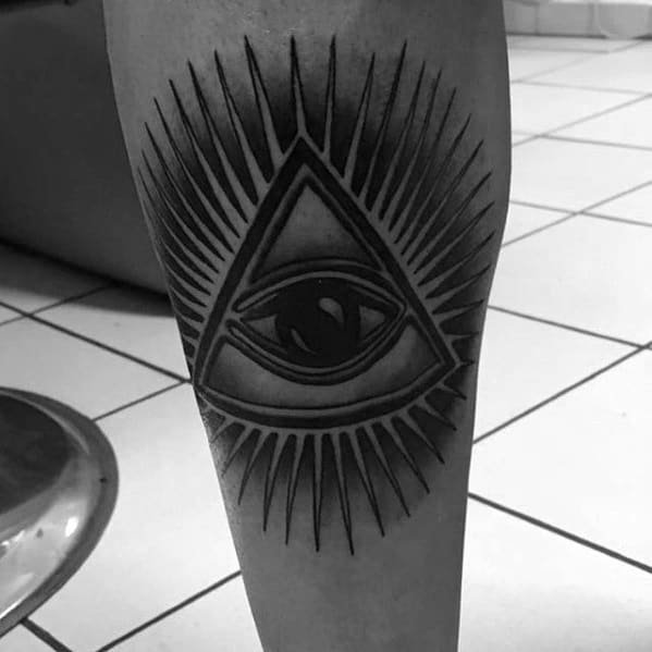 Black And Grey Ink Glowing Eye Of Providence Mens Leg Tattoo