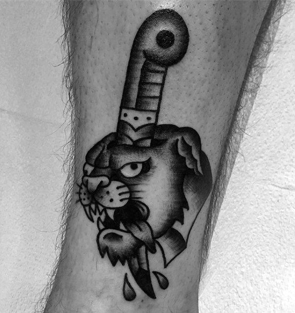 Black And Grey Ink Guys Panther Lower Leg Traditional Tattoo