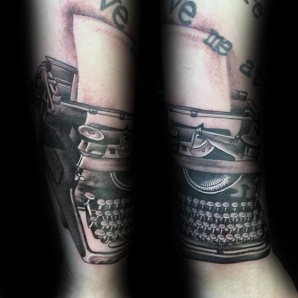 Black And Grey Ink Guys Typewriter Forearm Tattoos