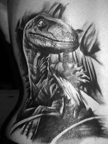 Black And Grey Ink Heavily Shaded Velociraptor Back Tattoos For Males