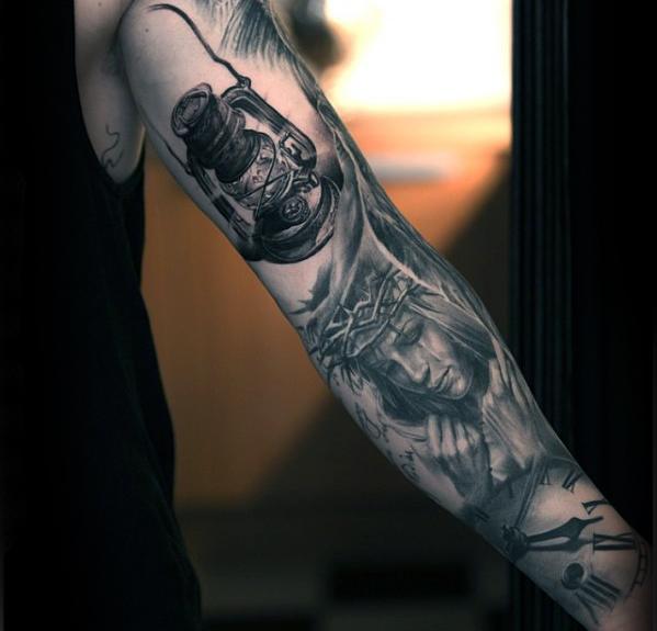 Black And Grey Ink Inner Arm Lantern Male Tattoo Ideas