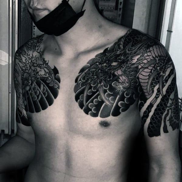 Black And Grey Ink Japanese Shoulder Dragon Tattoos For Men