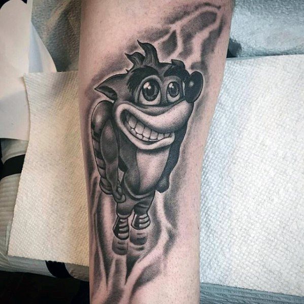 Black And Grey Ink Leg Mens Tattoo Ideas With Crash Bandicoot Design