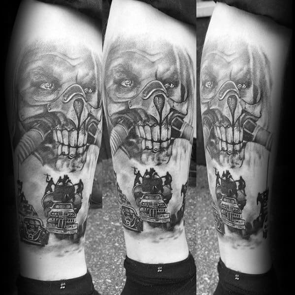 Black And Grey Ink Leg Sleeve Guys Tattoos With Mad Max Design