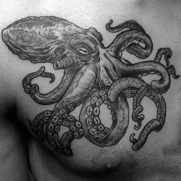 Black And Grey Ink Male Octopus Tattoo Designs On Upper Chest