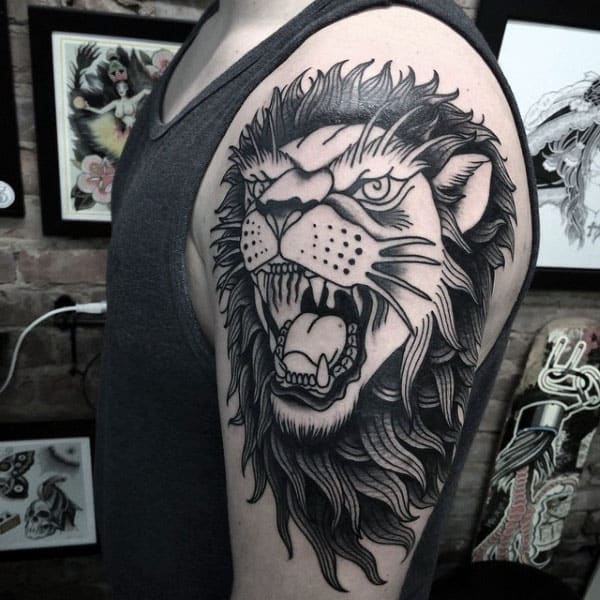 Black And Grey Ink Male Traditional Arm Lion Tattoos
