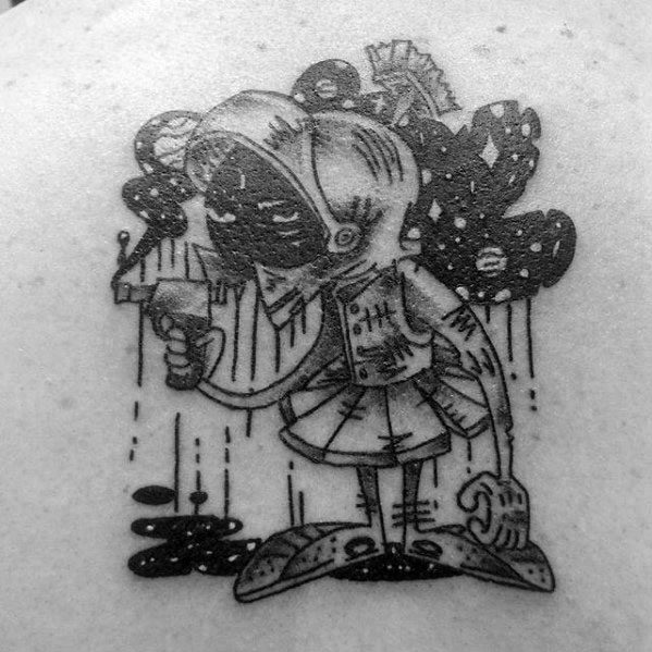 Black And Grey Ink Marvin The Martian Male Back Tattoos