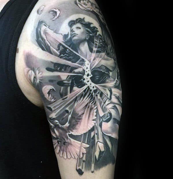 Black And Grey Ink Mens 3d Angel Arm Tattoo
