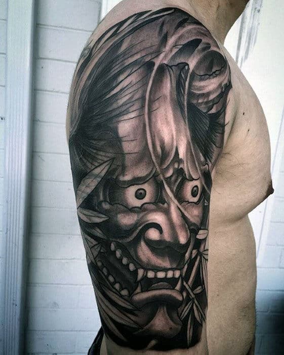 Black And Grey Ink Mens Half Sleeve Japanese Demon Mask Tattoo Ideas