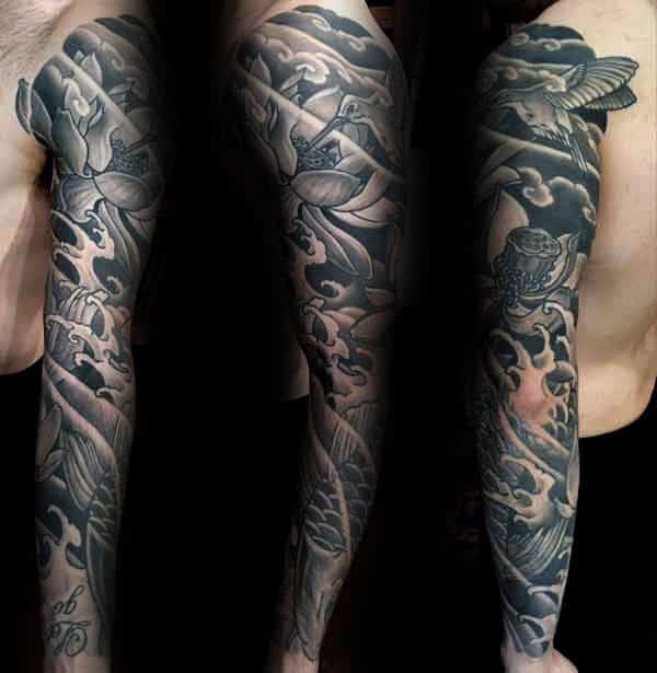 Black And Grey Ink Mens Lotus Flower Full Sleeve Tattoos