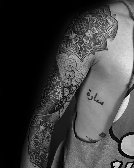 Black And Grey Ink Mens Tattoo With Geometric Sleeve Design