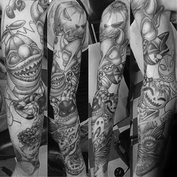 Black And Grey Ink Night Before Christmas Themed Sleeve Tattoos For Males