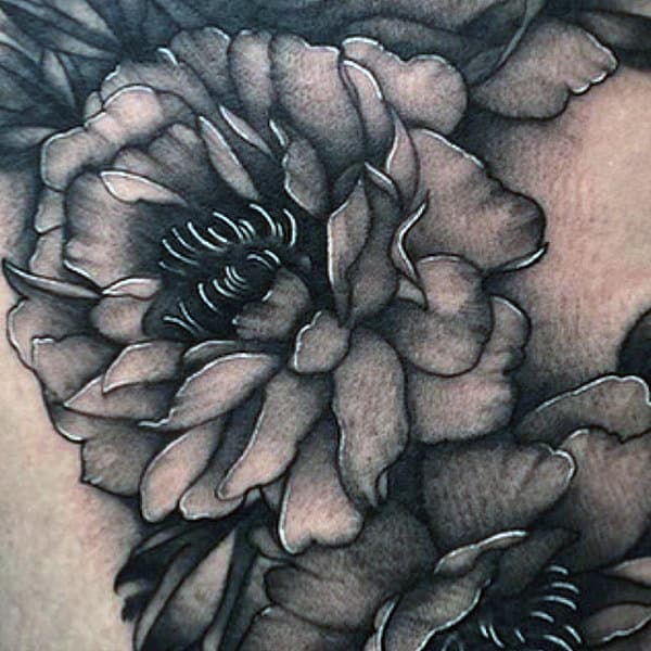 Black And Grey Ink Peony Mens Shoulder Tattoo Ideas