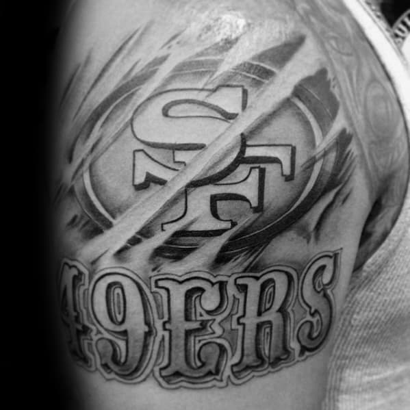 Black And Grey Ink San Francisco 49ers Ripped Skin Mens Upper Arm Tattoo