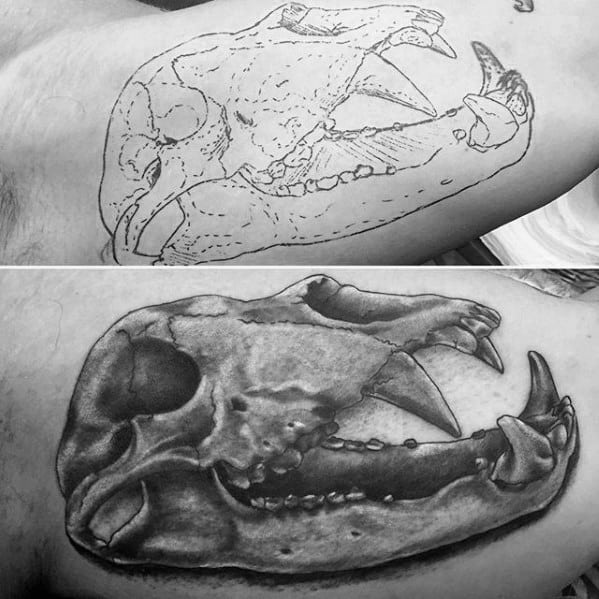 Black And Grey Ink Shaded Bear Skull Guys Arm Tattoo