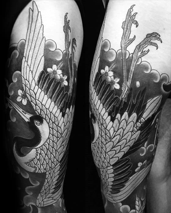 Black And Grey Ink Shaded Crane Mens Sleeve Tattoos