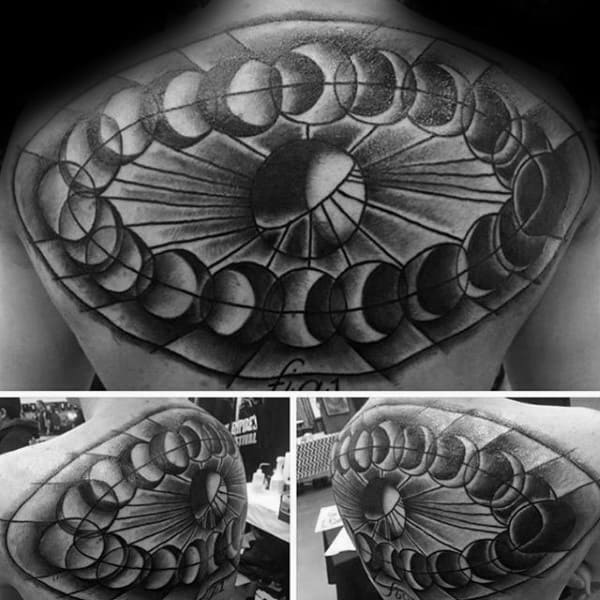 Black And Grey Ink Shaded Guys Moon Phases Upper Back Tattoos