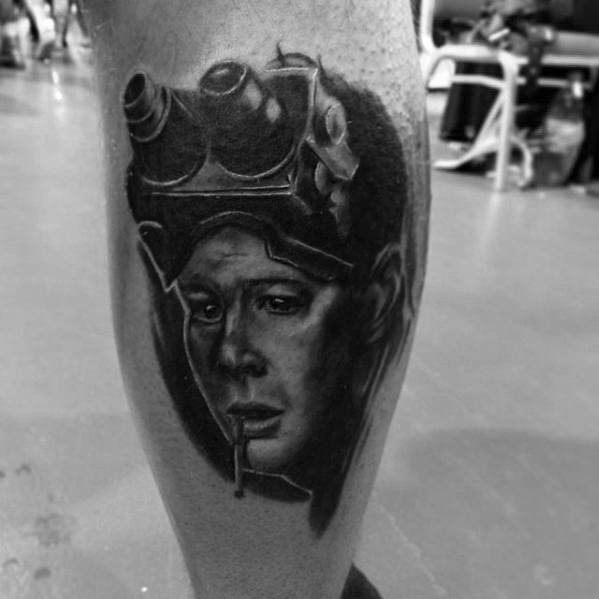 Black And Grey Ink Shaded Leg Calf Male Ghostbusters Tattoo Design Inspiration