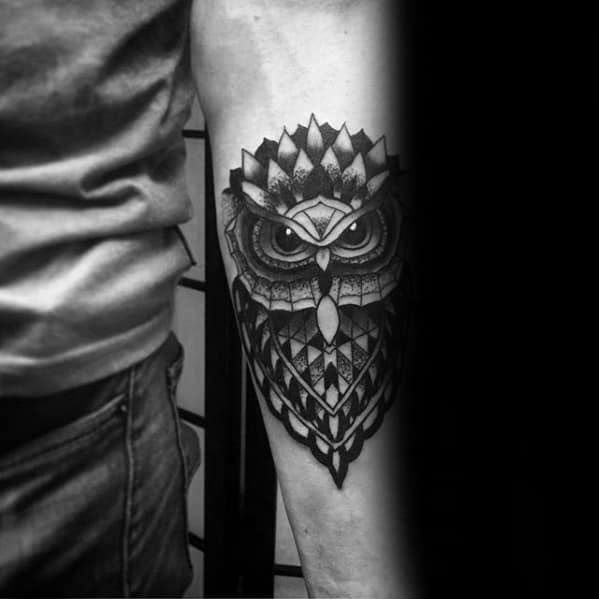 Black And Grey Ink Shaded Mens Pattern Geometric Owl Forearm Tattoo