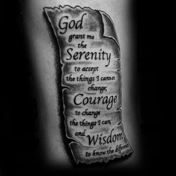 Black And Grey Ink Shaded Serenity Prayer Scroll Tattoo On Mans Arm