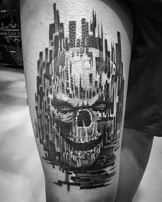 Black And Grey Ink Skull Thigh Awesome Pixel Tattoos For Men