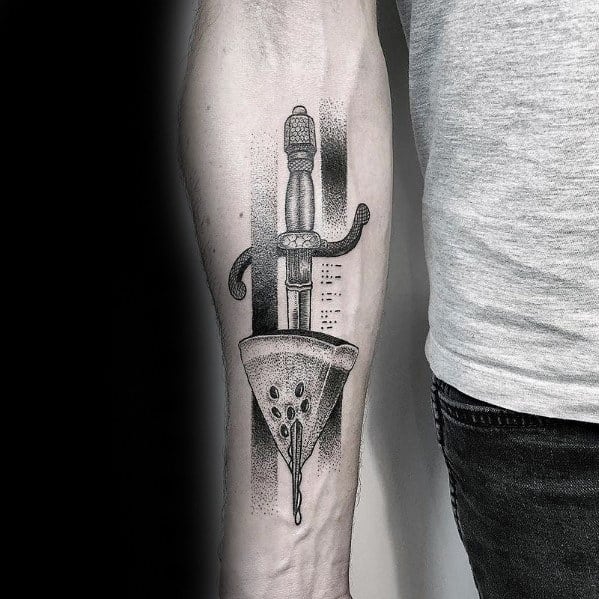 Black And Grey Ink Sword Through Watermelon Shaded Inner Forearm Mens Tattoo Designs